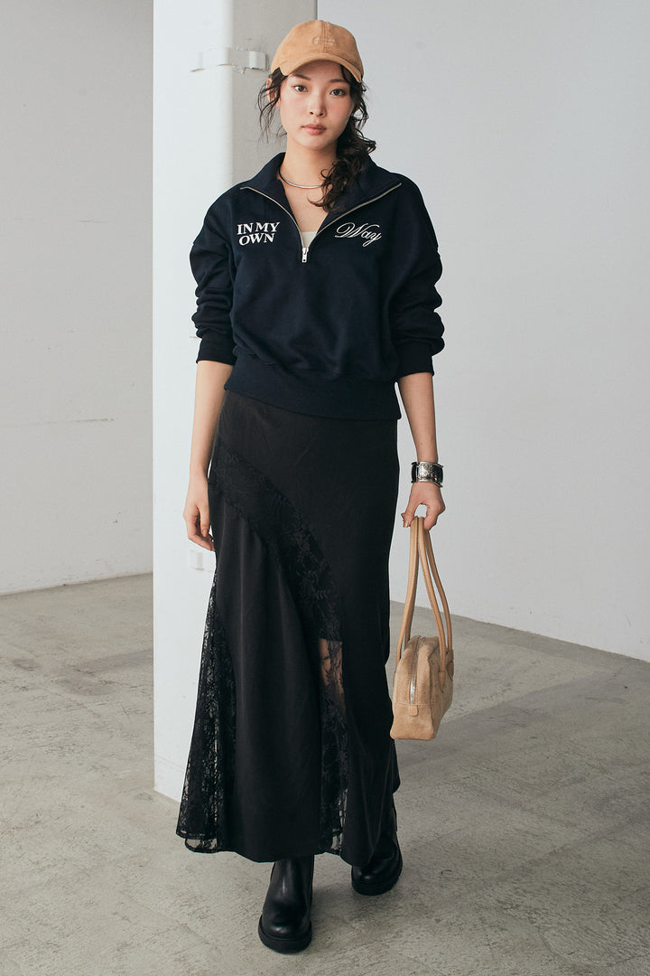 [SET]裏毛ロゴ刺繍ハーフZIPスウェット+刺繍レースデザインサテンスカート(2set)