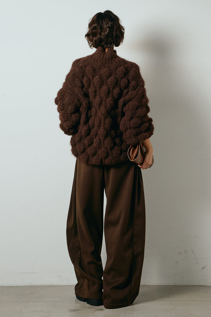 [SET]ボリュームポップコーンニットトップス+編みベルト付きワイドパンツ(2set)