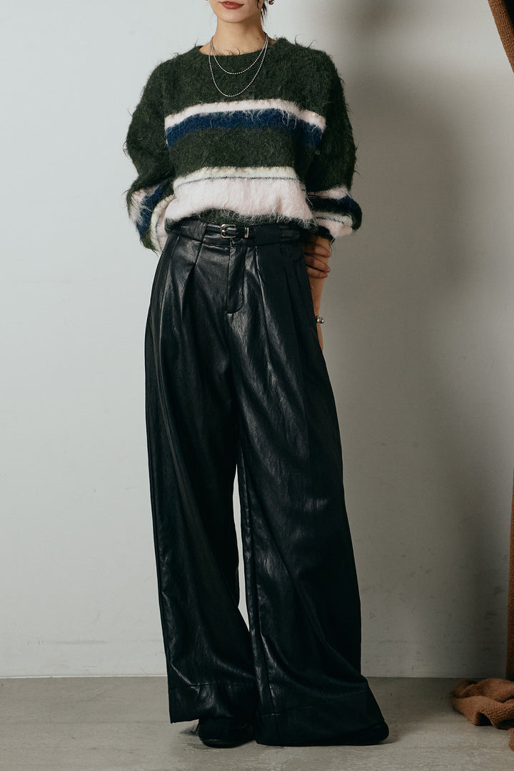 [SET]起毛配色マルチボーダーニットトップス+ベルト付きレザーライクタックパンツ(2set)