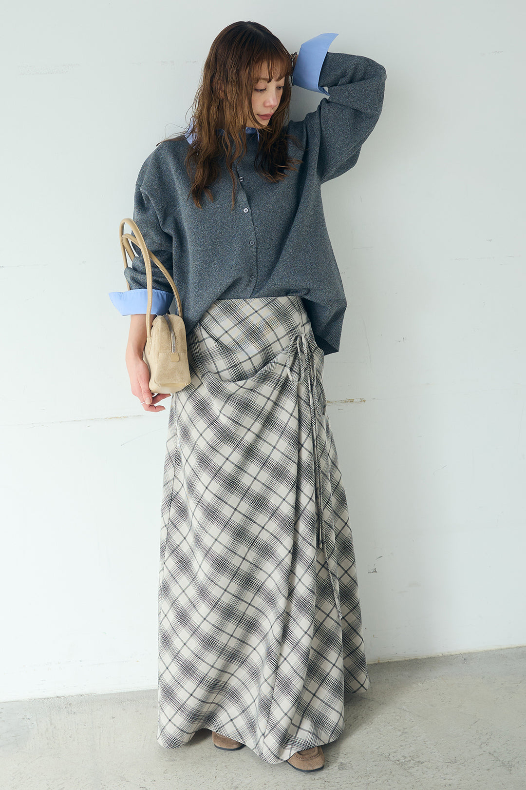 [SET]シャツレイヤード風カーディガン+タータンチェック柄フロントデザインスカート(2set)