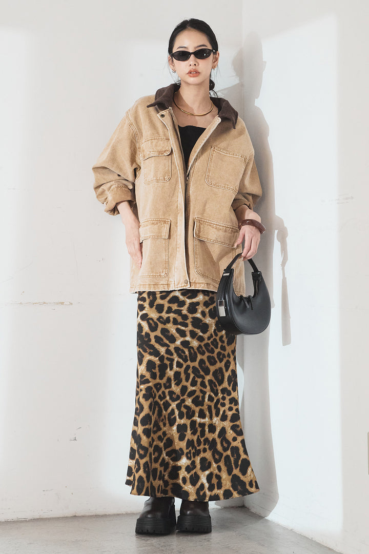 [SET]襟コーデュロイジップデニム調カバーオール+レオパードサテンナロースカート(2set)