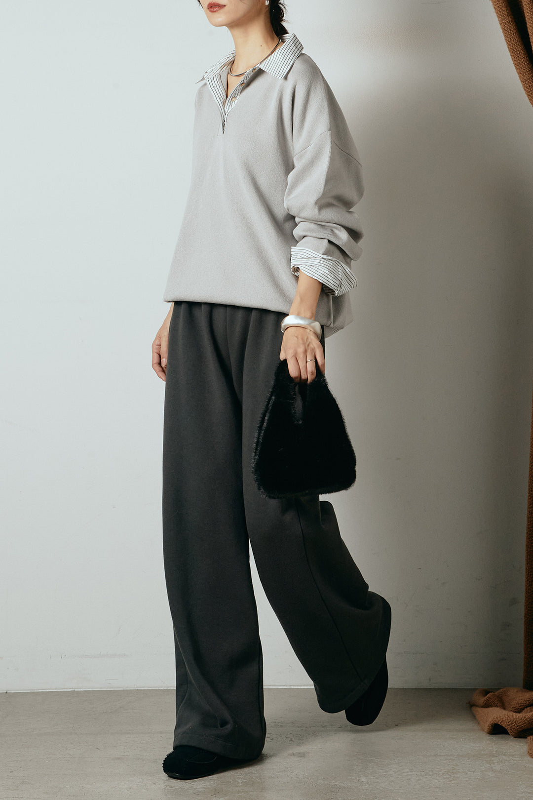 [SET]ストライプシャツドッキングポロトップス+裏起毛スウェットワイドパンツ(2set)