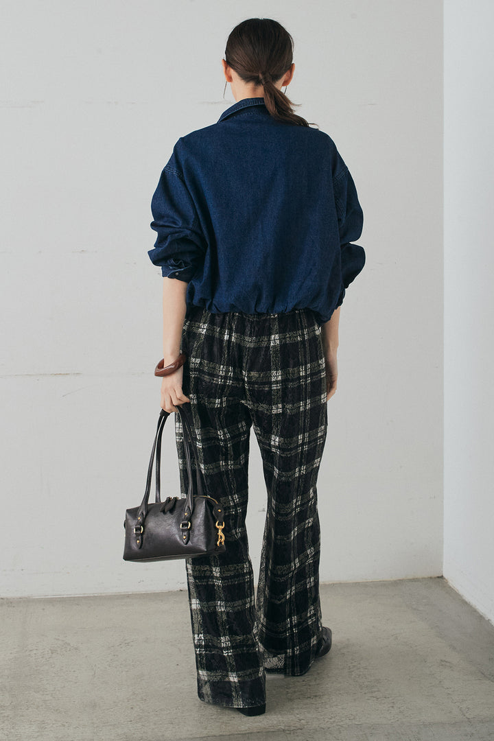 [SET]スタンドカラーデニムブルゾンジャケット+レースチェックワイドイージーパンツ(2set)