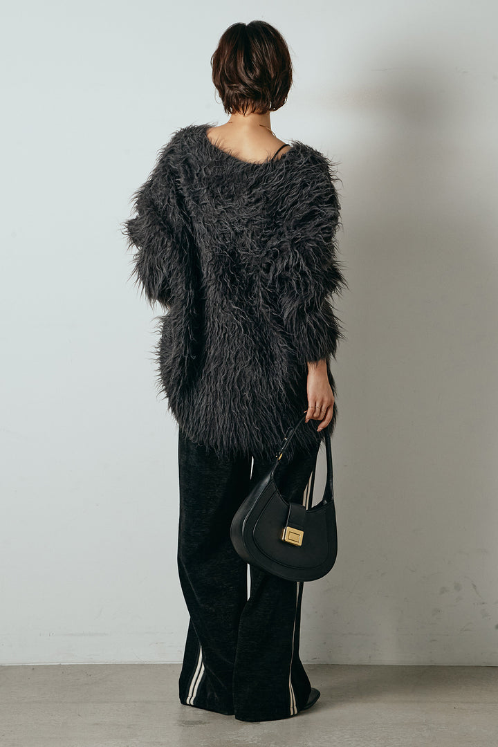 [SET]深Vネックシャギーニットトップス+リラックスサイドラインベロアワイドパンツ(2set)