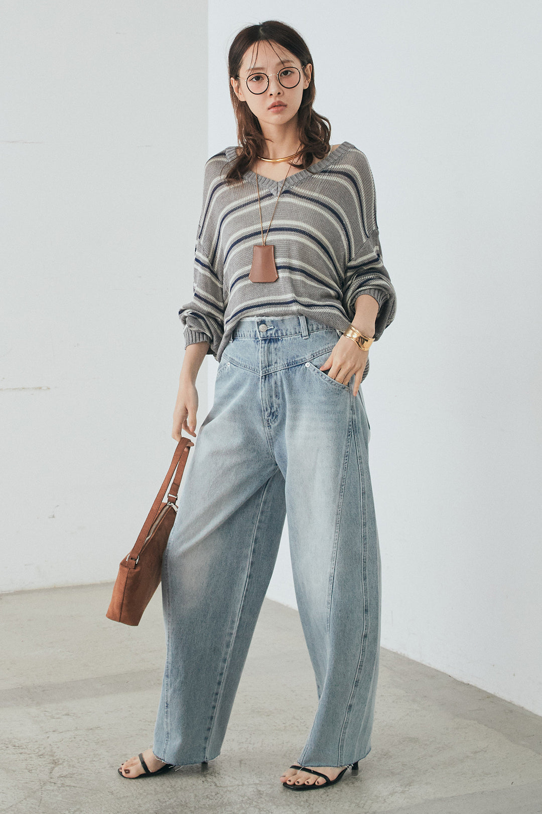 [SET]綿タッチVネックボーダートップス+デニムヨークパンツ(2set)