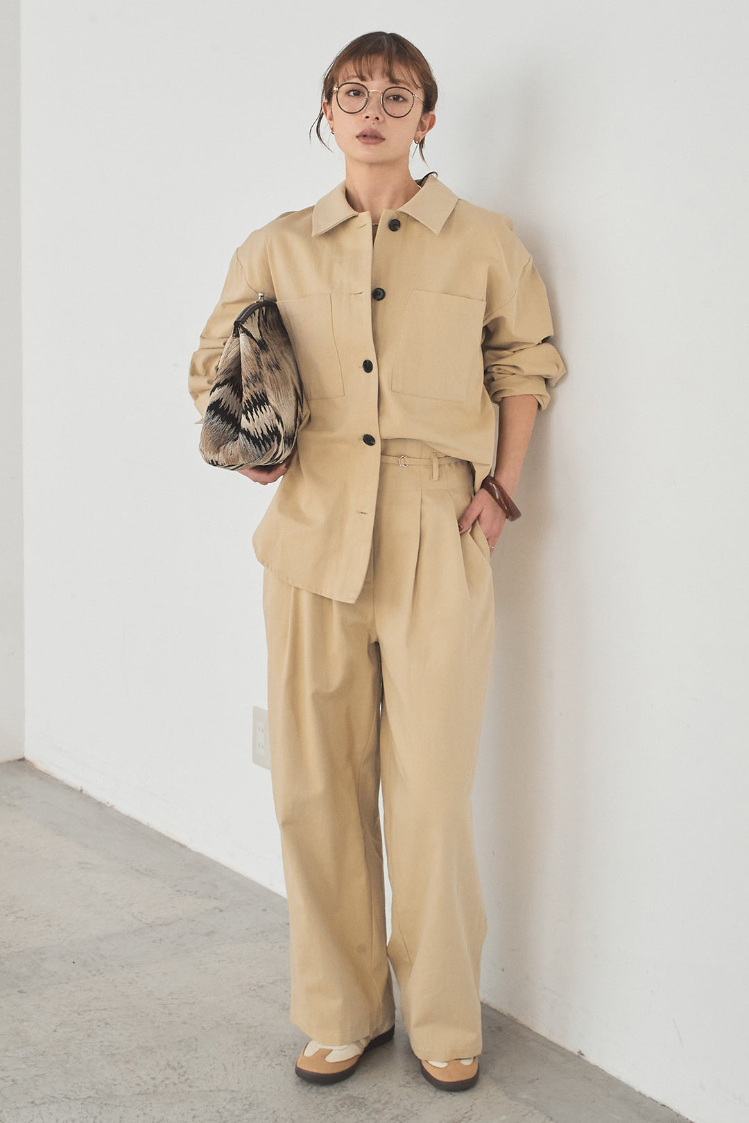 [SET]ツイルシャツジャケット+ツイルハイウエストタックパンツ(2set)