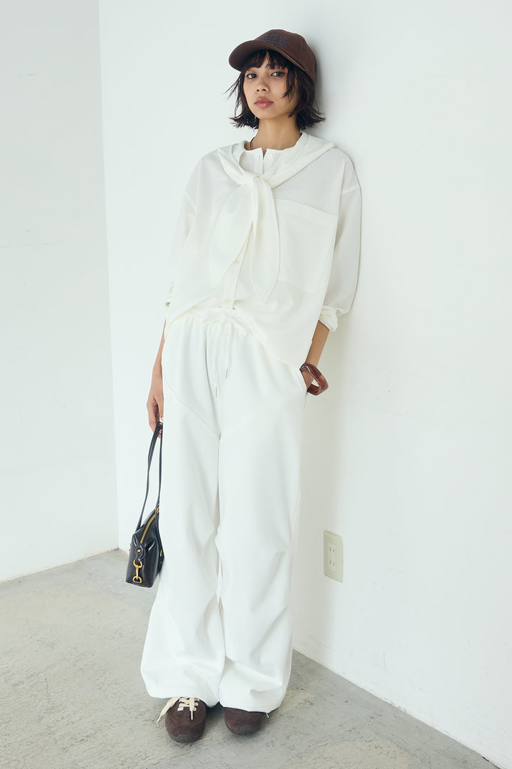 [SET]無地タイ付フーディーBIGシャツ+ランダムタックデザインワイドパンツ(2set)