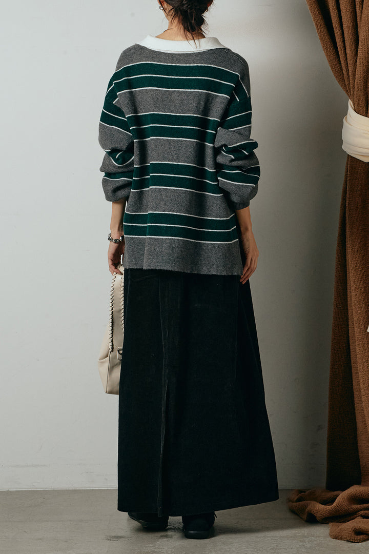 [SET]ラガーニットボーダーポロプルオーバー+ポーチベルト付きコーデュロイワイドスカート(2set)