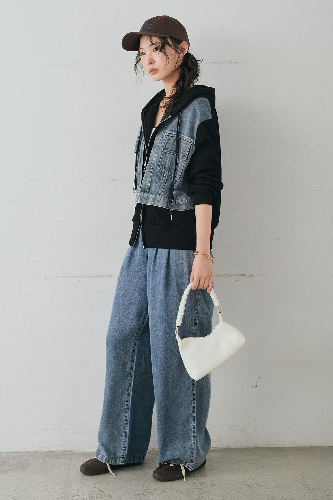 [SET]デニム切替ポンチダブルジップパーカー+テンセルデニムイージーワイドパンツ(2set)