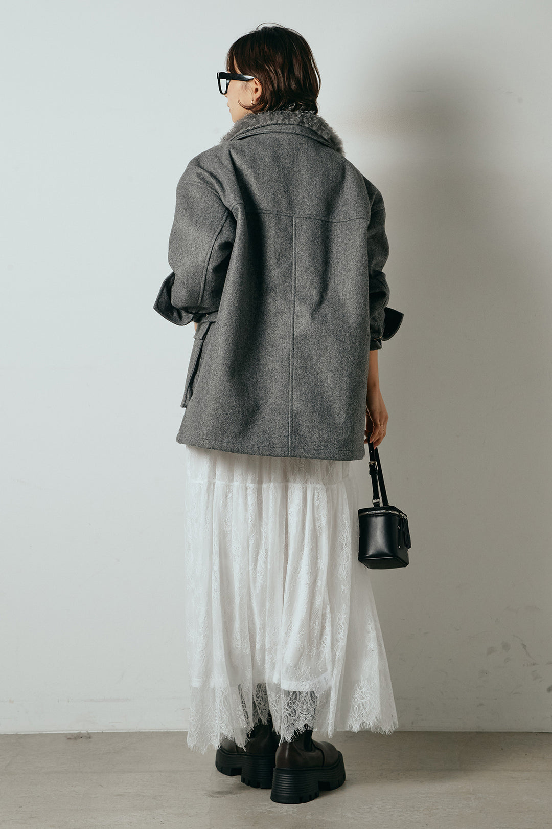 [SET]エコウール衿ファー薄中綿入りミドルカバーオール+ひげレース切替ロング丈スカート(2set)