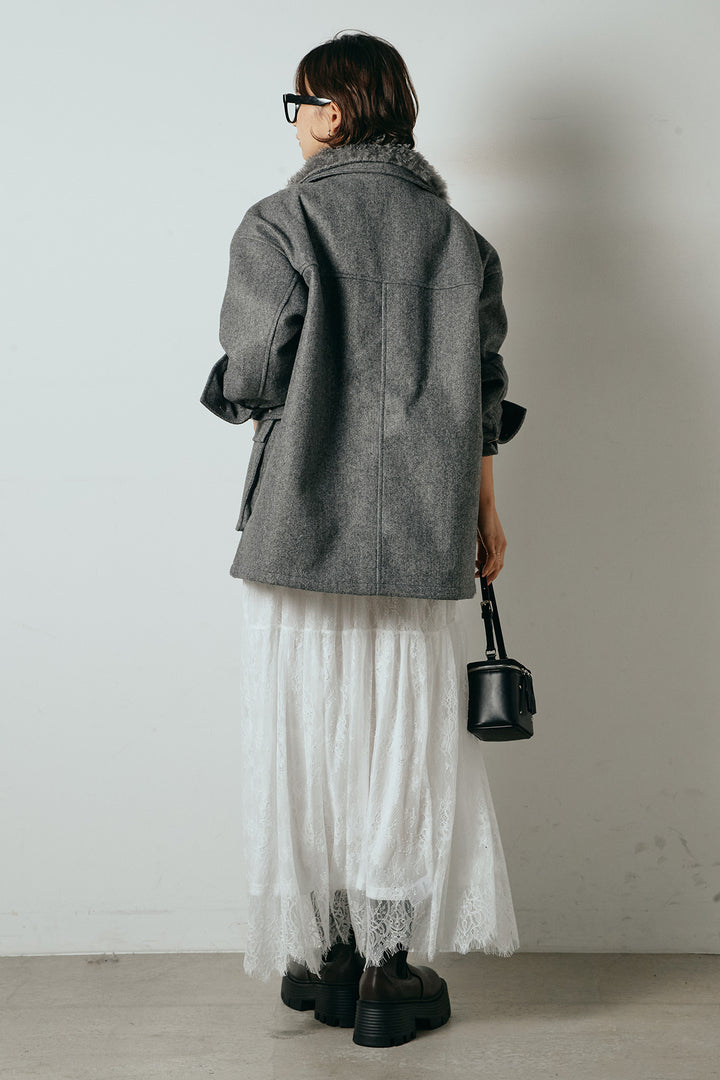 [SET]エコウール衿ファー薄中綿入りミドルカバーオール+ひげレース切替ロング丈スカート(2set)