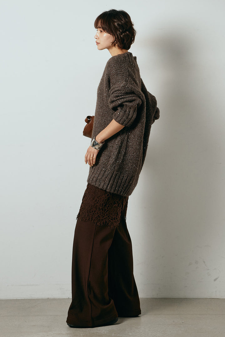 [SET]Vネックラメニットトップス+レース刺繍レイヤードフレアパンツ(2set)