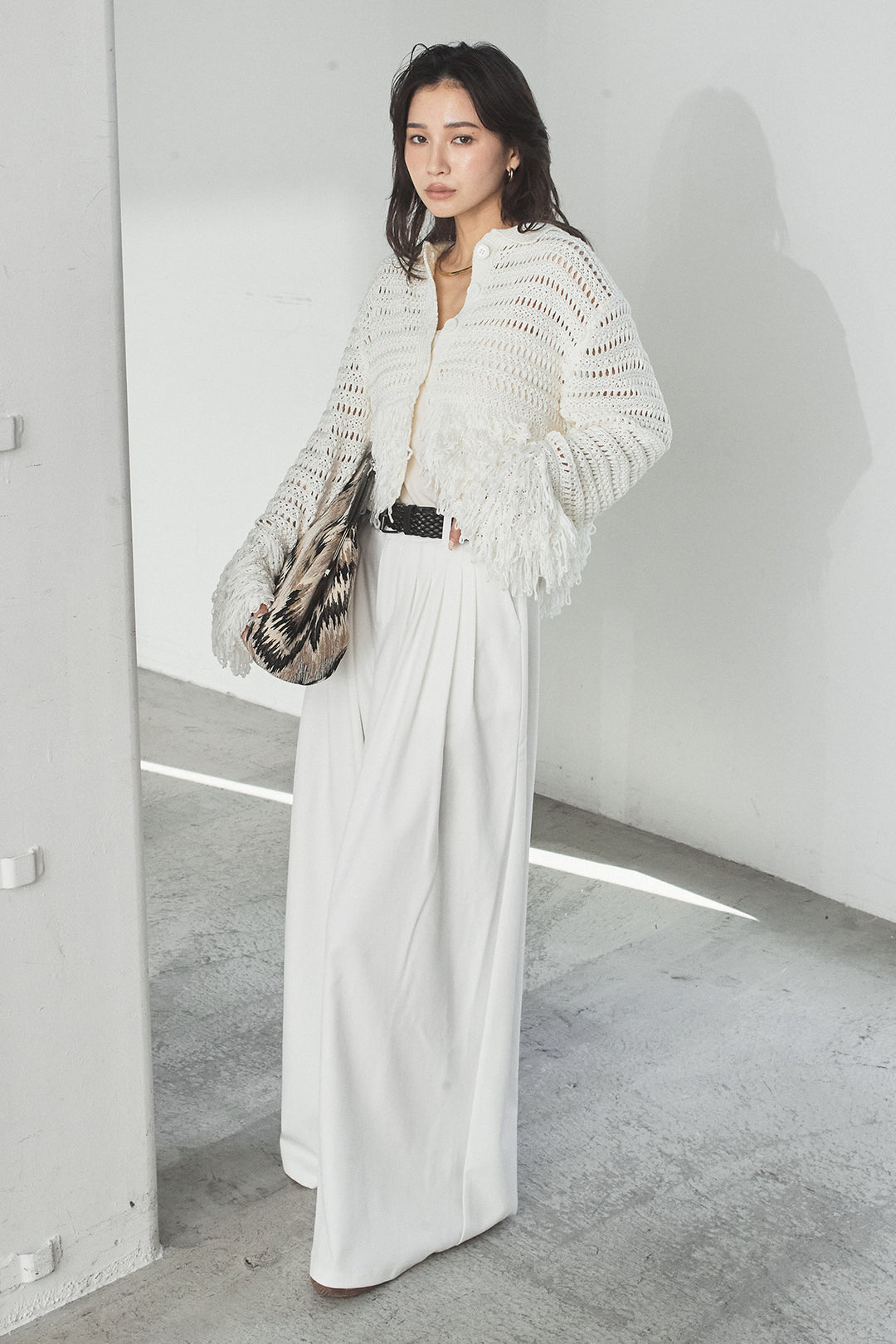 [SET]メッシュフリンジカーディガン+編みベルト付きウエストタックワイドパンツ(2set)