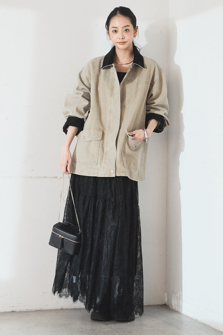 [SET]襟コーデュロイデザインデニム調カバーオール+ひげレース切替ロング丈スカート(2set)