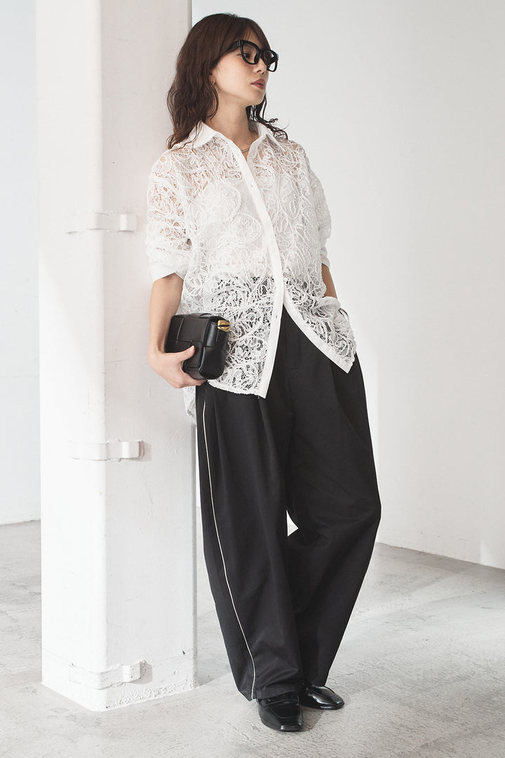 [SET]刺繍レースオーバーサイズシャツ+合繊ツイルパイピングタックカーブパンツ(2set)