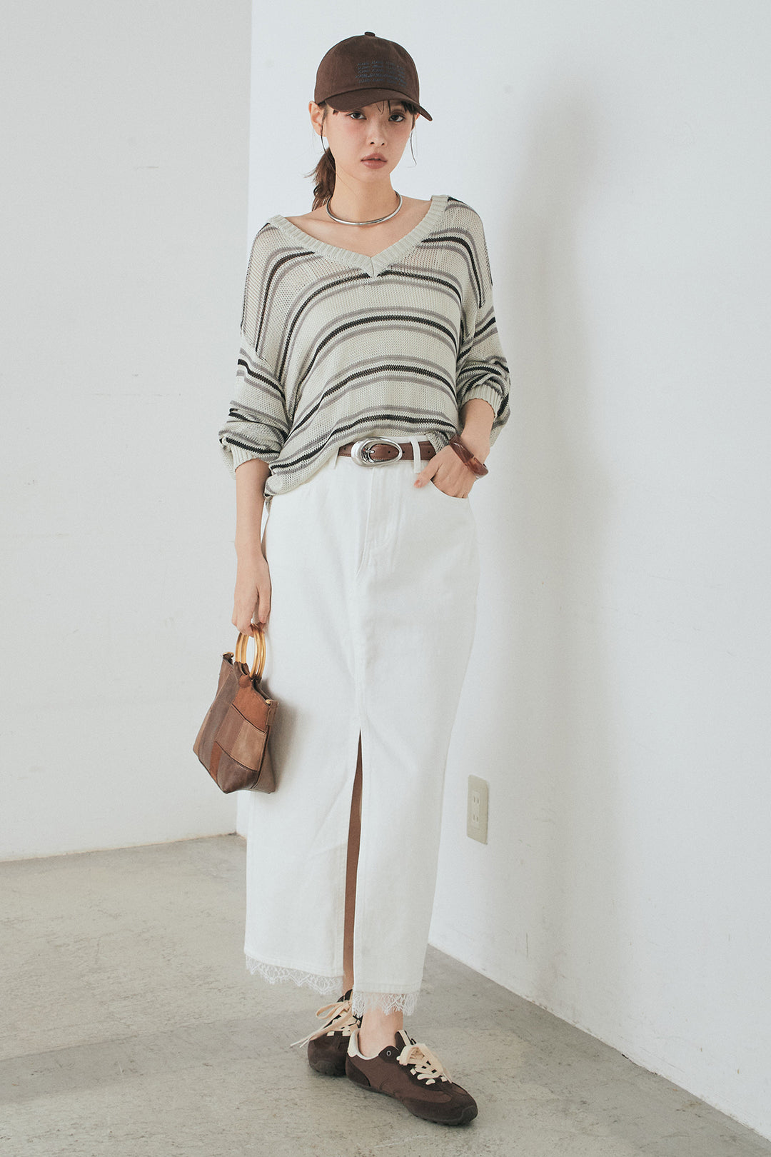 [SET]綿タッチVネックボーダートップス+裾レースデザインデニムスカート(2set)