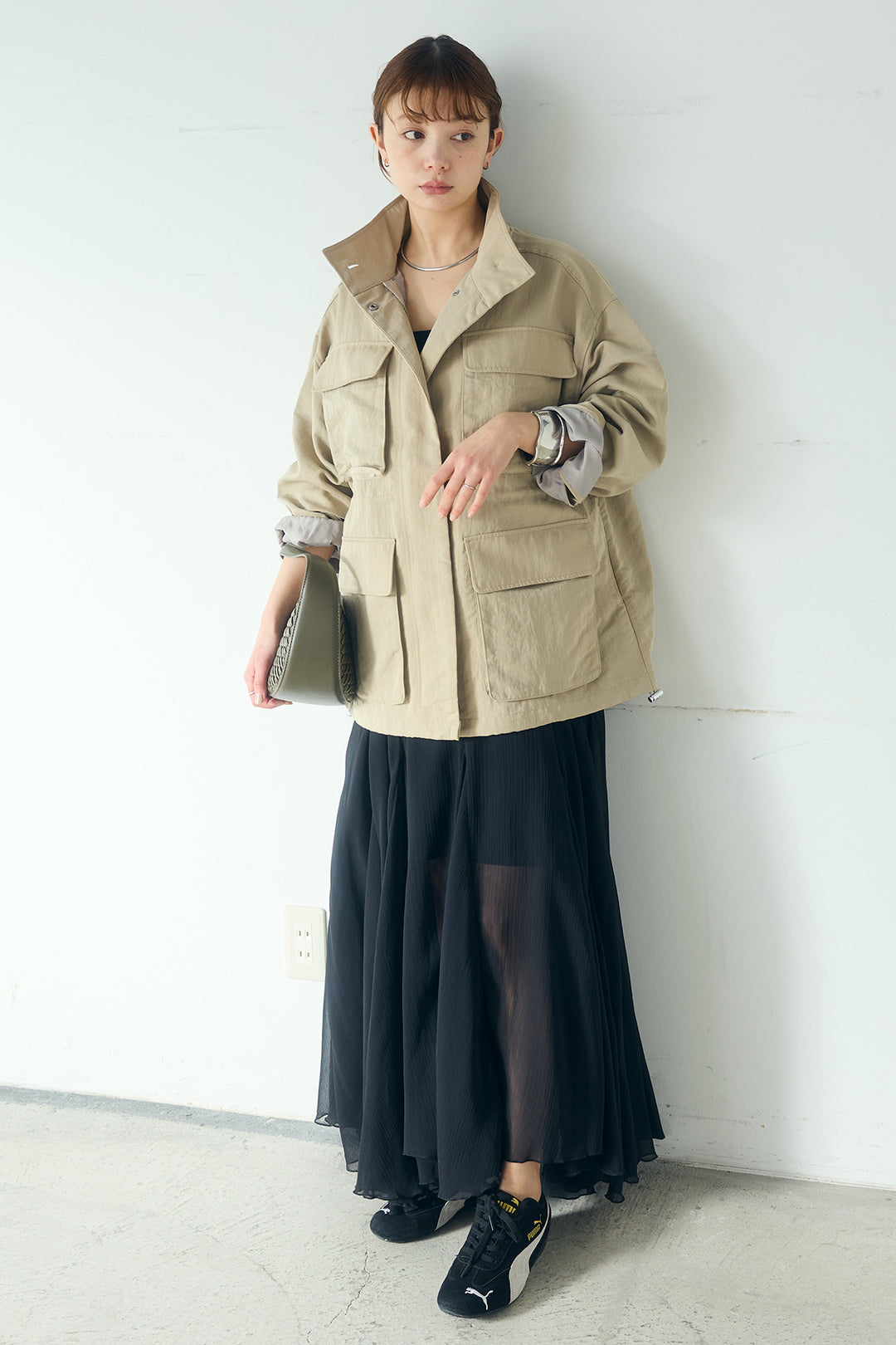 [SET]ナイロンツイルフィールドジャケット+シアーフリルキャミワンピース(2set)