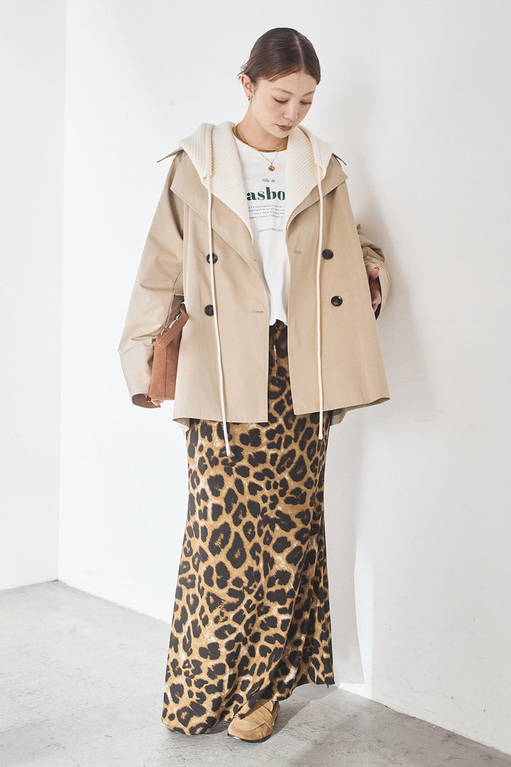 [SET]ナイロントレンチコート+レオパードサテンナロースカート(2set)