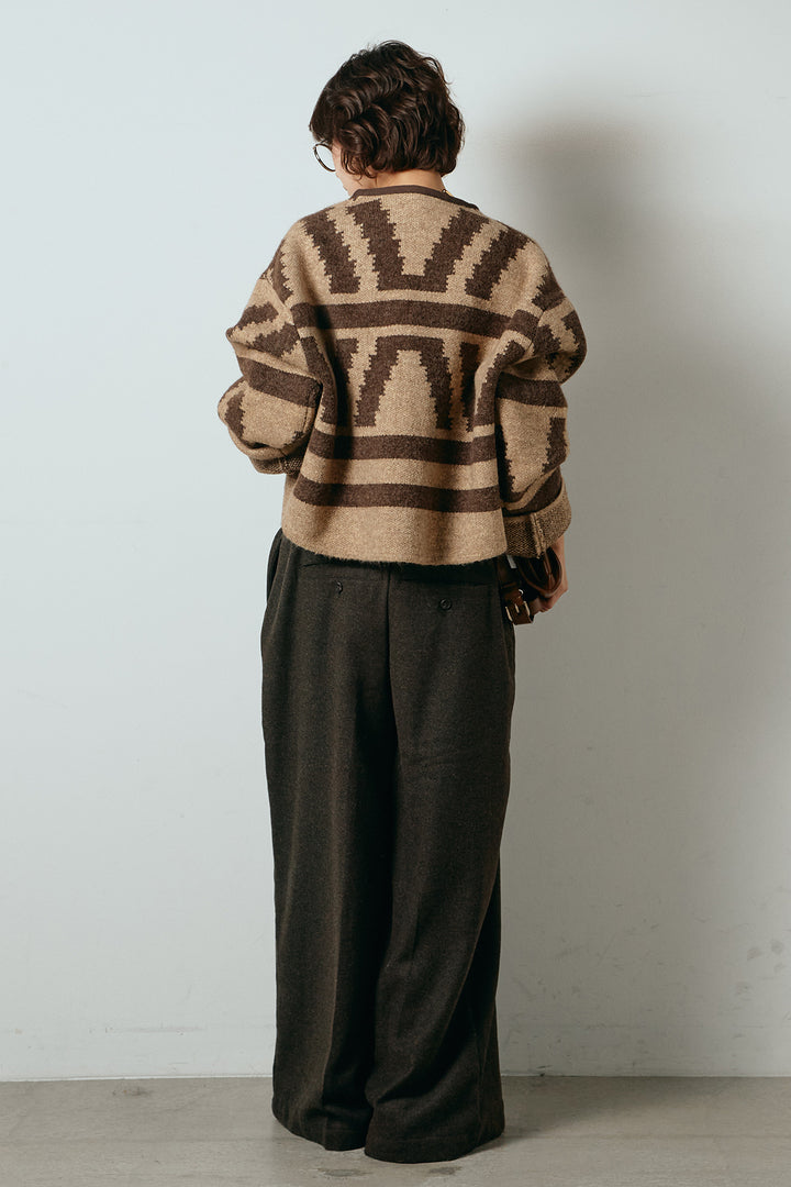 [SET]ノーカラー幾何学模様アウター+ウール混フランネルワイドサロペット(2set)