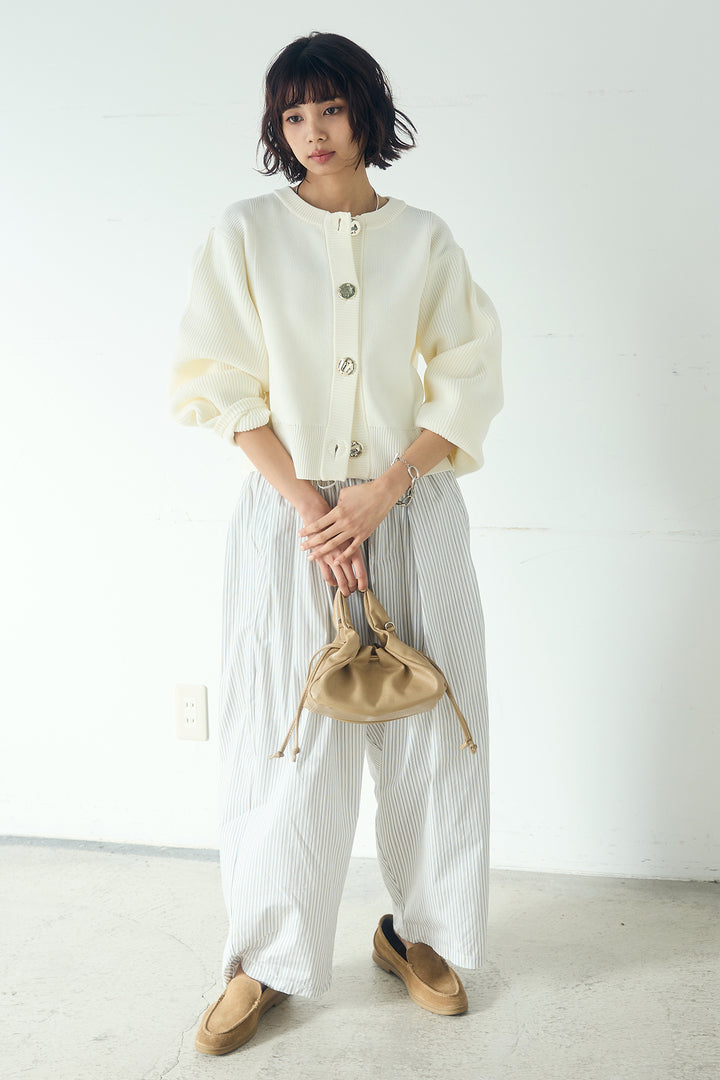 [SET]スポンディッシュBIGボタンクルーネックカーディガン+ランダムストライプタックギャザーパンツ(2set)