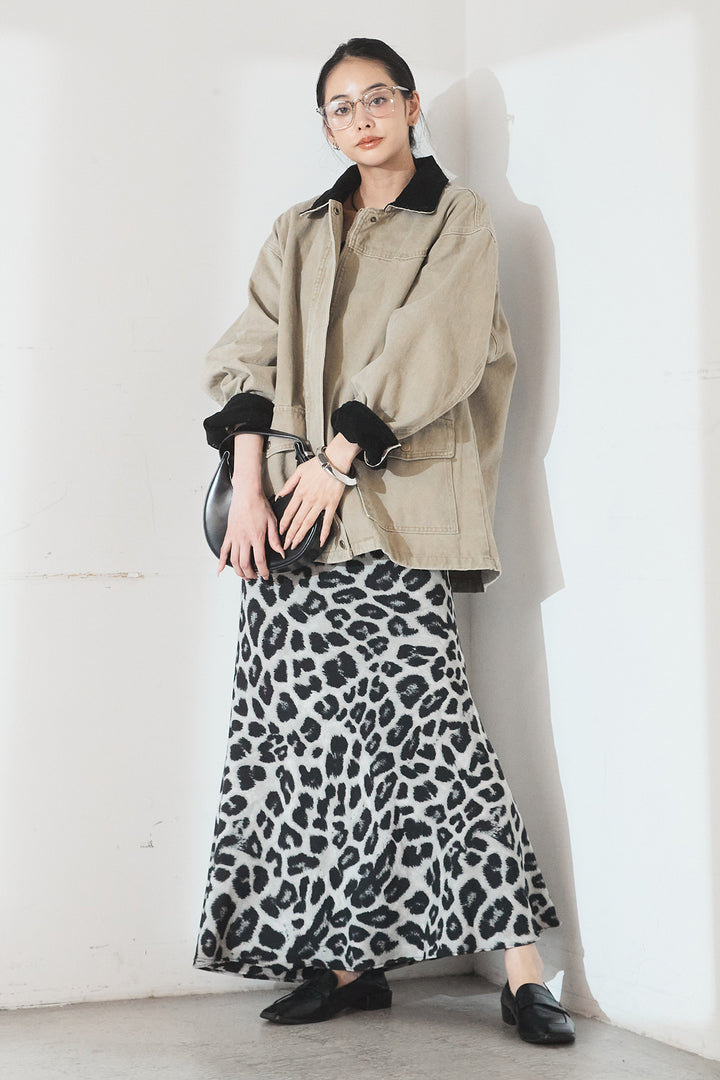 [SET]襟コーデュロイデザインデニム調カバーオール+レオパードサテンナロースカート(2set)