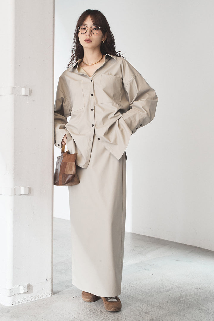 [SET]ウォッシャブルエコレザービックカフスシャツ+ウォッシャブルエコレザーナロースカート(2set)