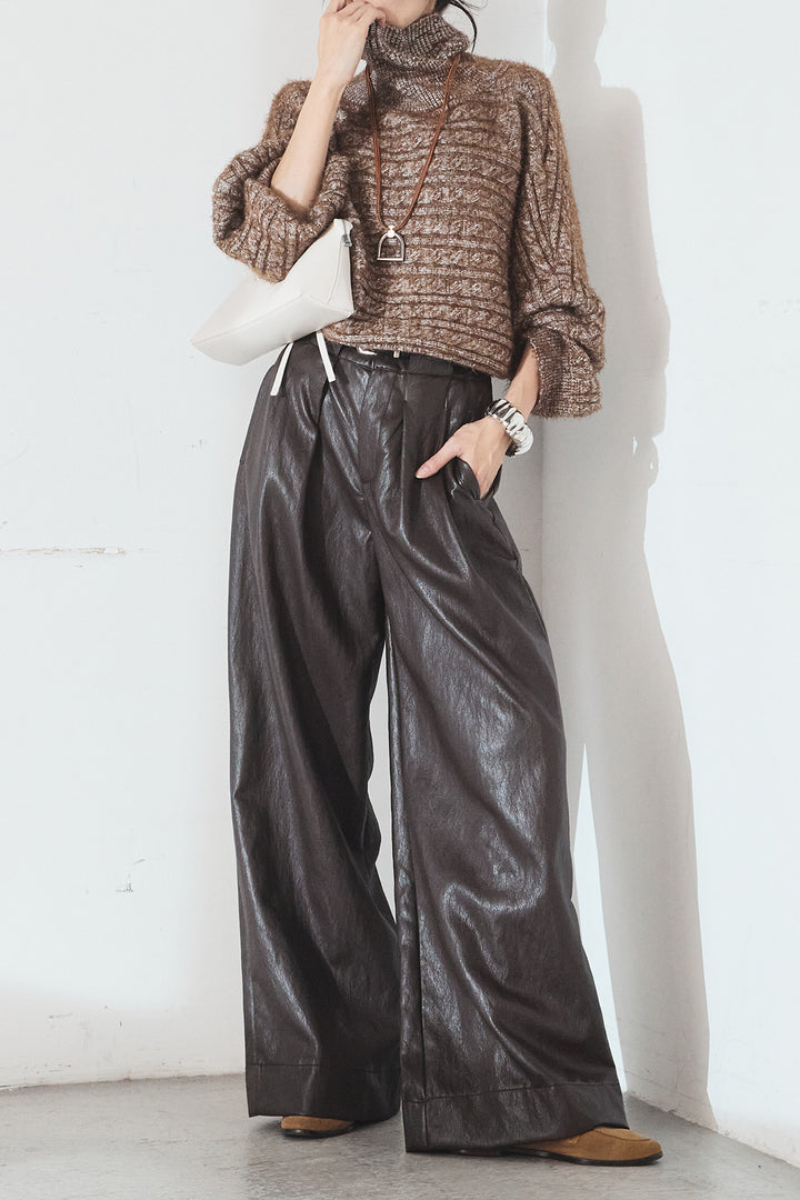 [SET]ミックス編みドルマンニットトップス+ベルト付きレザーライクタックパンツ(2set)