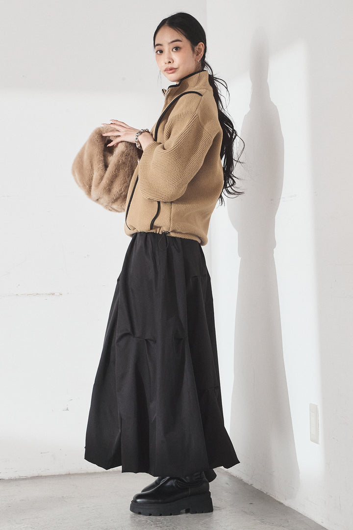 [SET]ハイネックパイピングデザインブルゾン+ランダムタックバルーンスカート(2set)