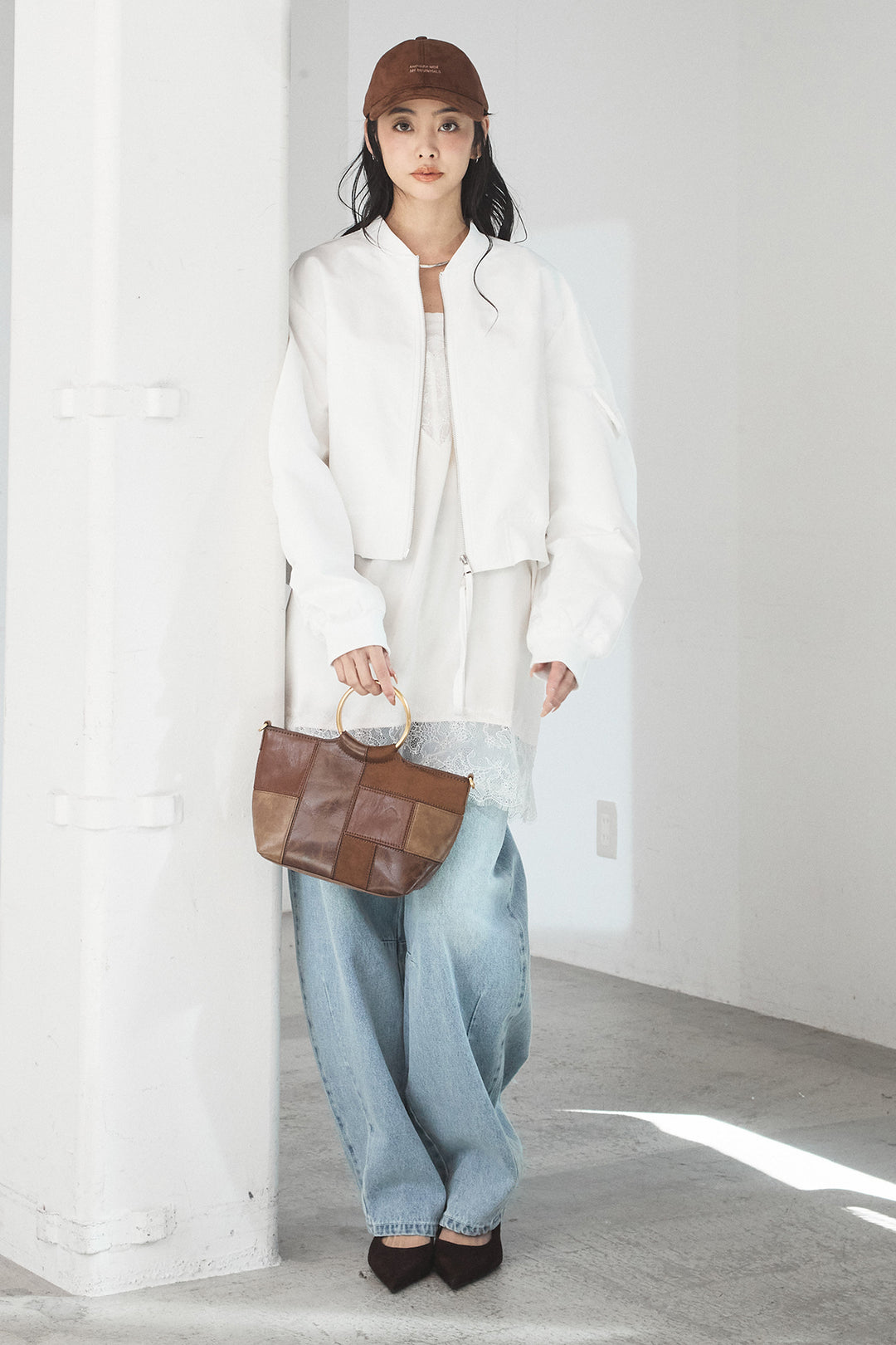 [SET]袖ギャザーデザインブルゾン+デニムアシメカーブパンツ(2set)