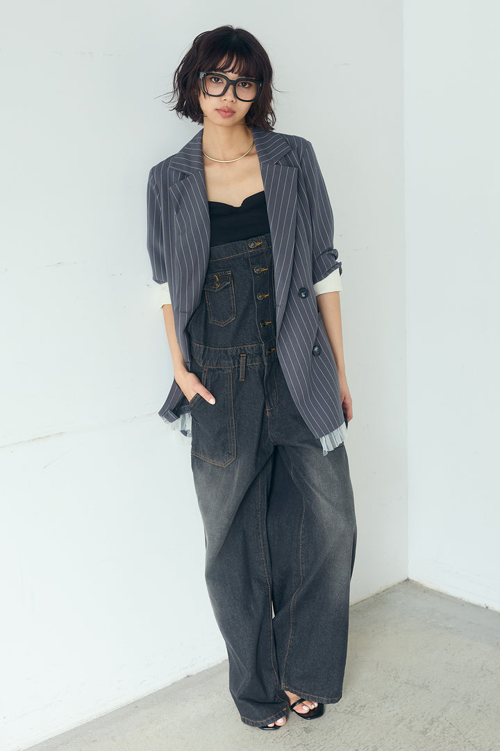 [SET]裾フリルダブルジャケット+デニムサロペットワイドパンツ(2set)