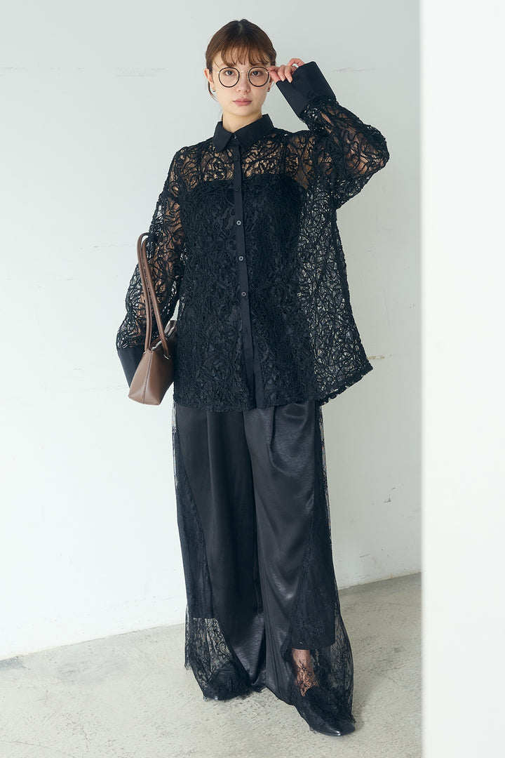 [SET]刺繍レースオーバーサイズシャツ+サテンレース切り替えタックパンツ(2set)