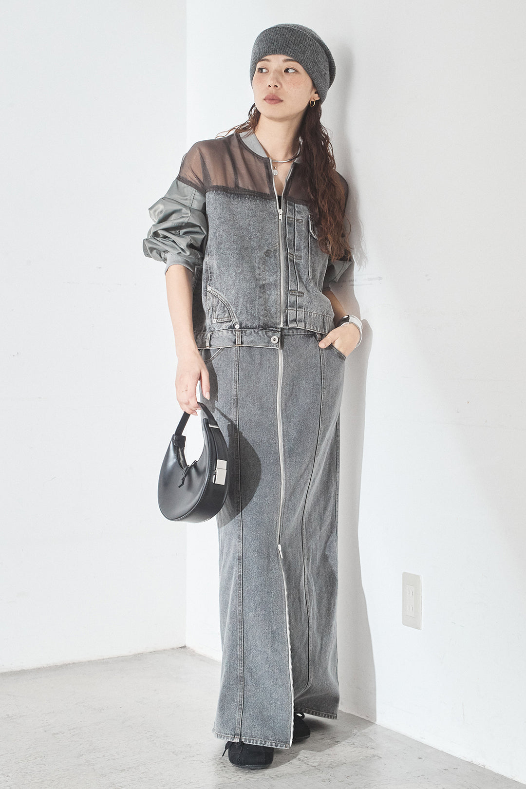 [SET]デニムコンビネーションブルゾン+フロントジップデニムスカート(2set)