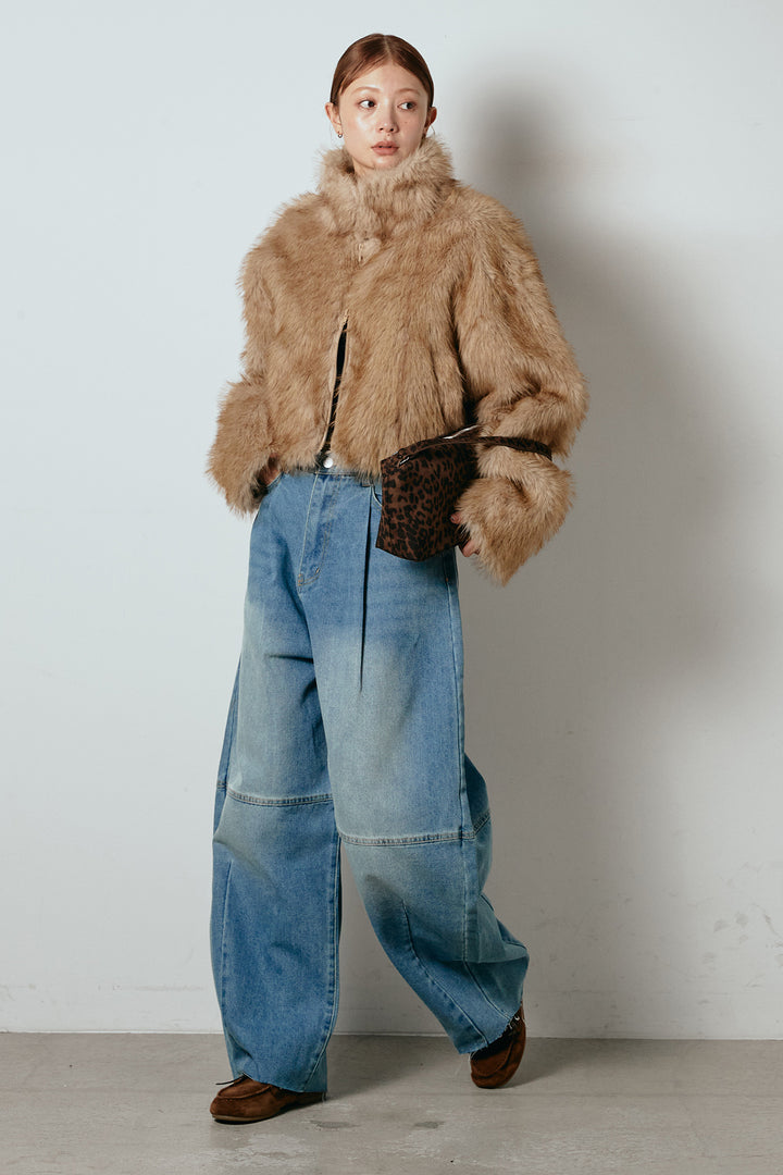 [SET]エコファーショート丈ブルゾン+加工デニムタックコクーンワイドパンツ(2set)