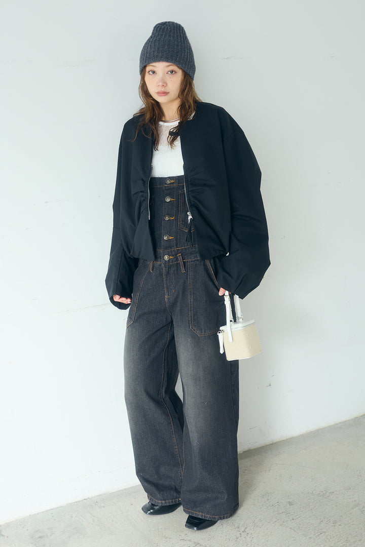 [SET]ノーカラーフロントギャザージップアウター+デニムサロペットワイドパンツ+ストレッチレースクルーネックインナー(3set)