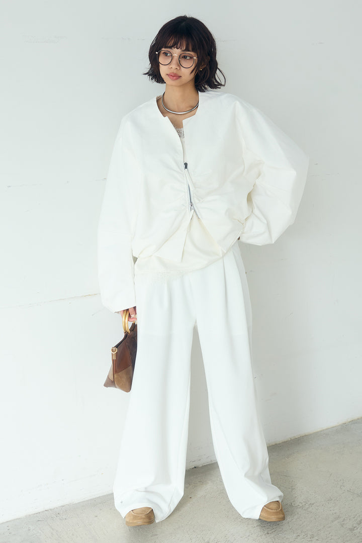 [SET]ノーカラーフロントギャザージップアウター+斜めボタンタック入りスラックス(2set)