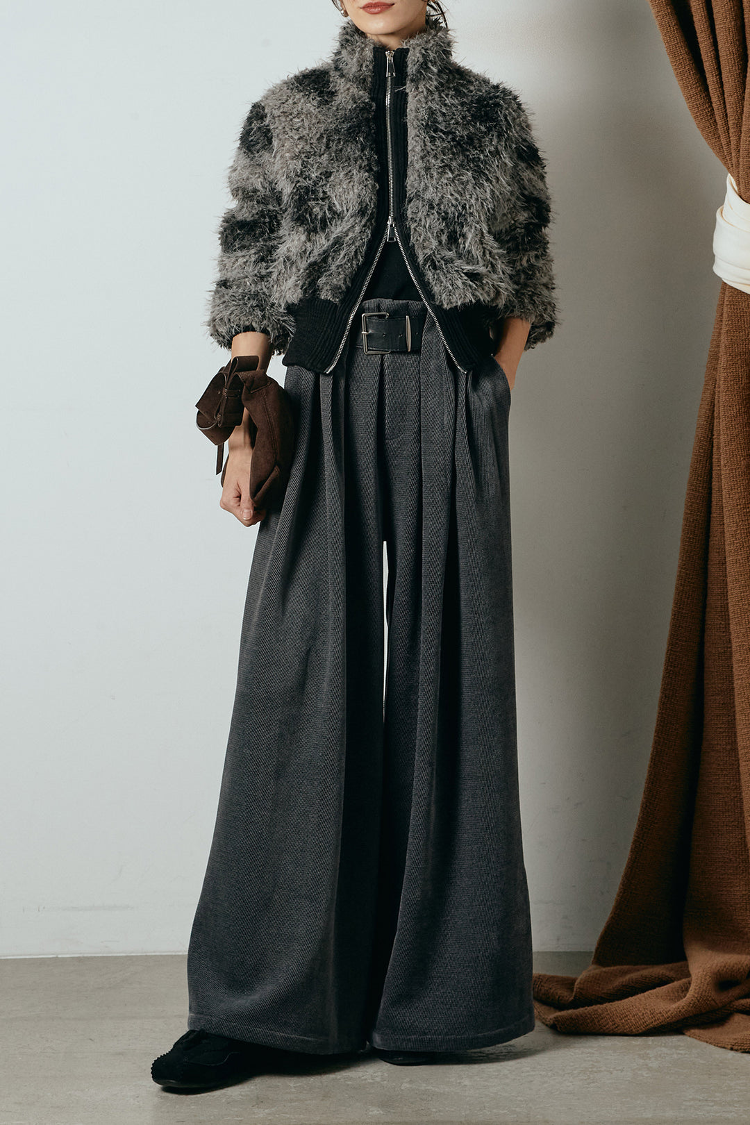 [SET]エコファースタンドカラーニュアンス柄ブルゾン+ベルトループコーデュロイワイドパンツ(2set)