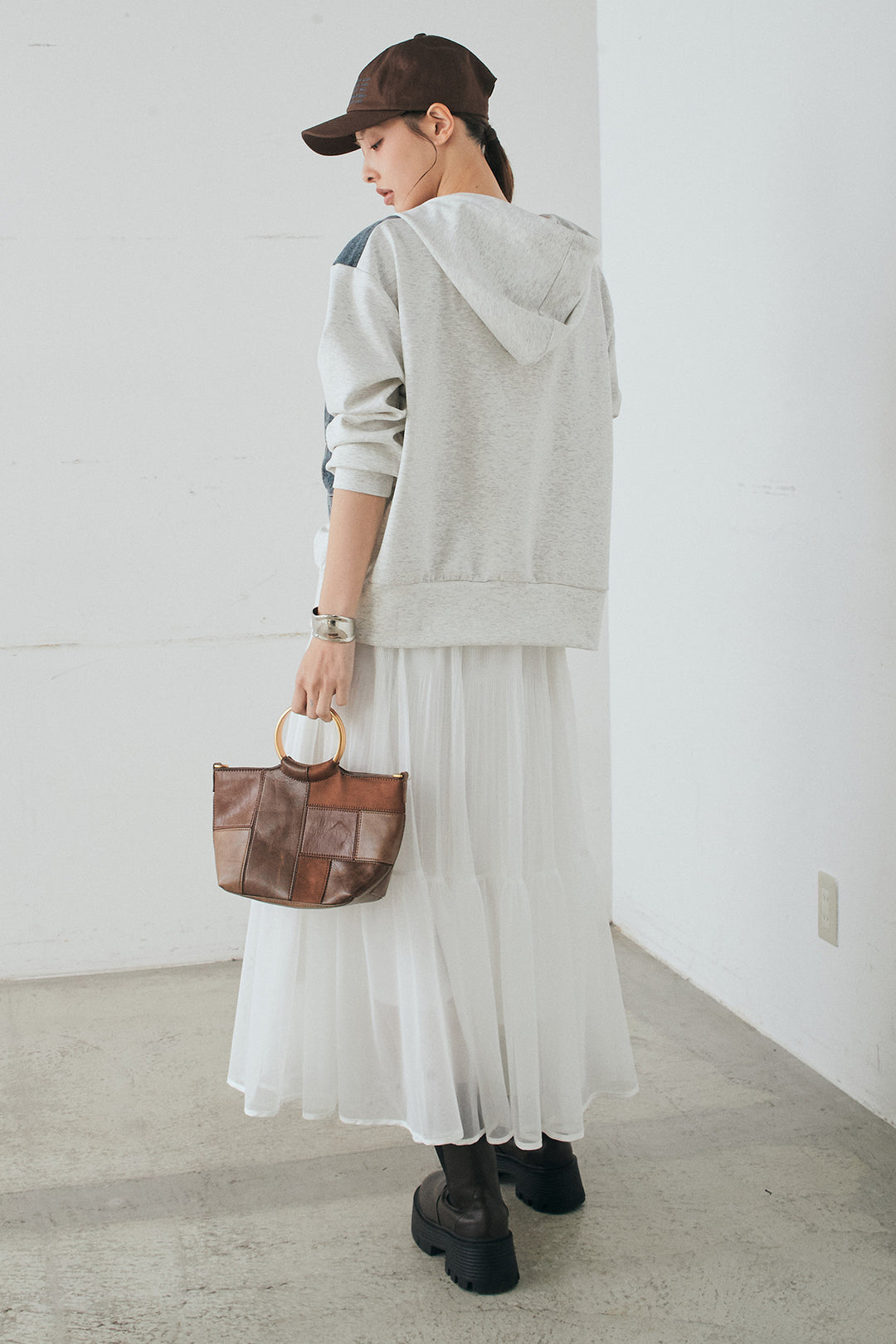 [SET]デニム切替ポンチダブルジップパーカー+ボリュームシルエットチュールスカート(2set)