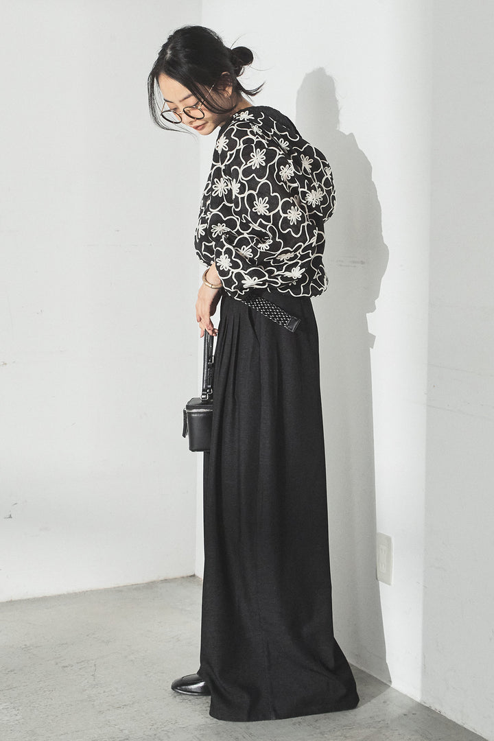 [SET]シアーフラワーフードブルゾン+編みベルト付きウエストタックワイドパンツ(2set)