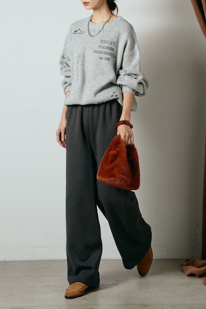 [SET]刺繍ロゴランダムデザインニットトップス+裏起毛スウェットワイドパンツ(2set)