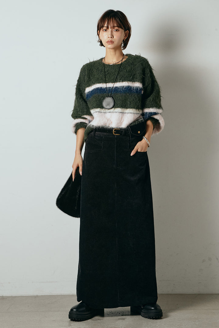 [SET]起毛配色マルチボーダーニットトップス+ポーチベルト付きコーデュロイワイドスカート(2set)