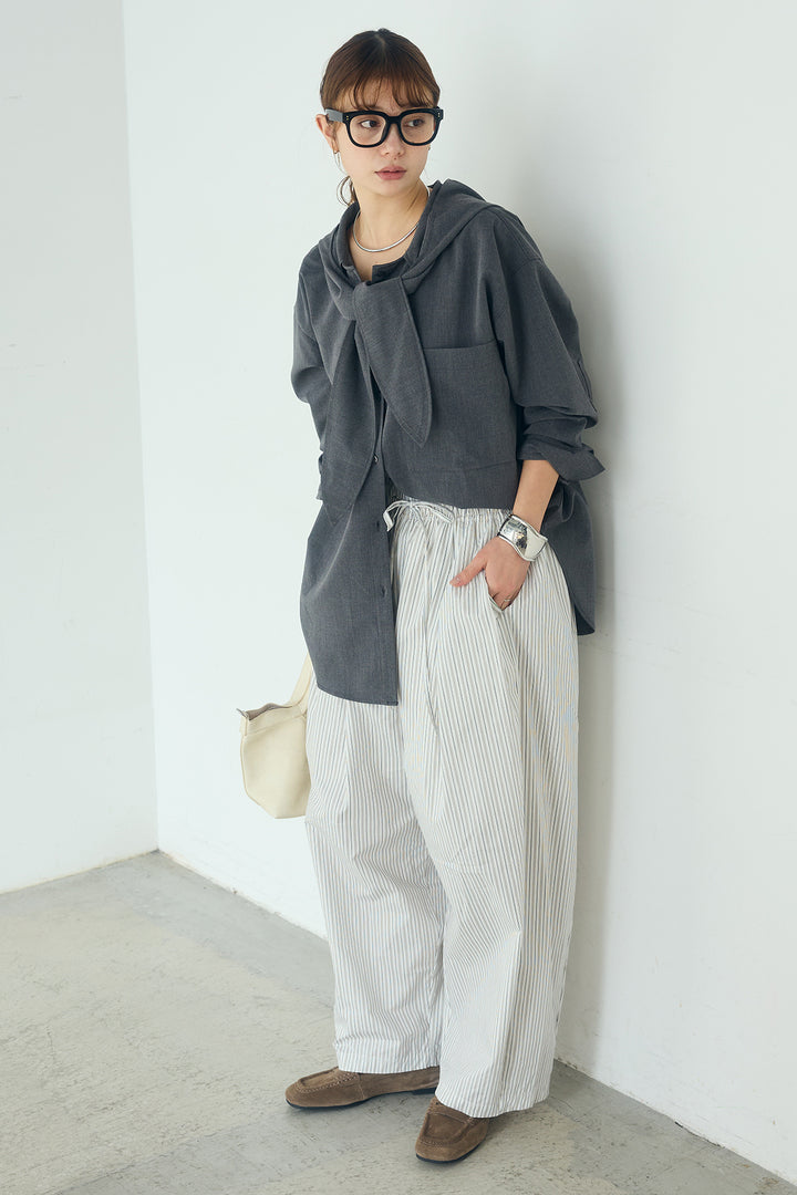 [SET]無地タイ付フーディーBIGシャツ+ランダムストライプタックギャザーパンツ(2set)