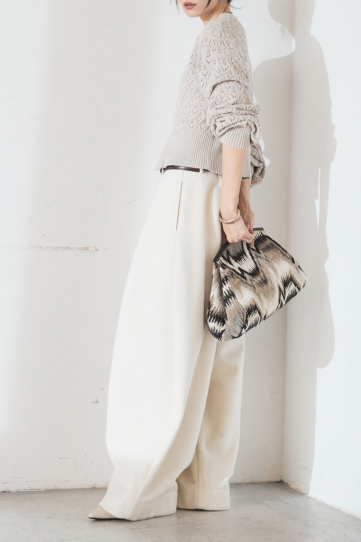 [SET]透かし編みニットジップスリットプルオーバー+ウールタッチカーブワイドパンツ(2set)