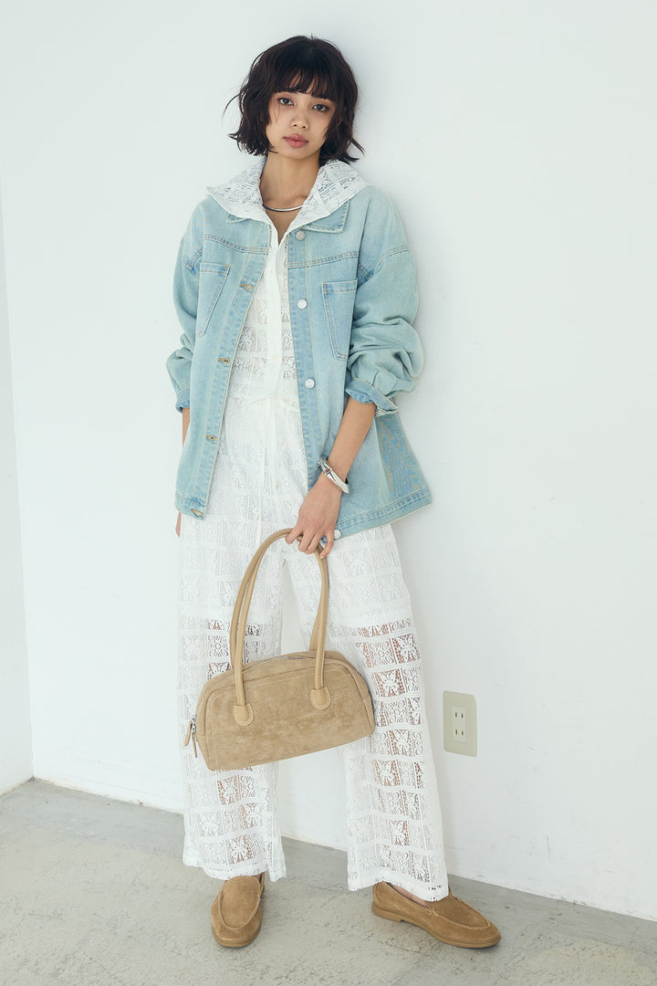 [SET]パッチワークレースショート丈フードシャツ+パッチワークレースイージーパンツ(2set)