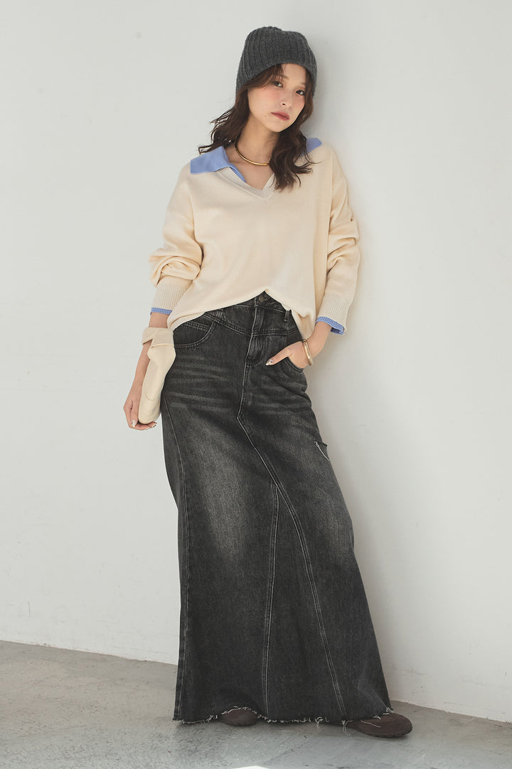 [SET]バイカラーニットレイヤード風プルオーバー+Aラインデニムスカート(2set)