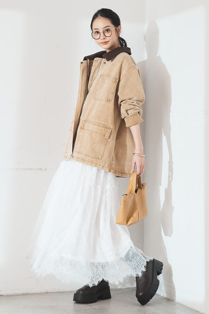 [SET]襟コーデュロイジップデニム調カバーオール+ひげレース切替ロング丈スカート(2set)