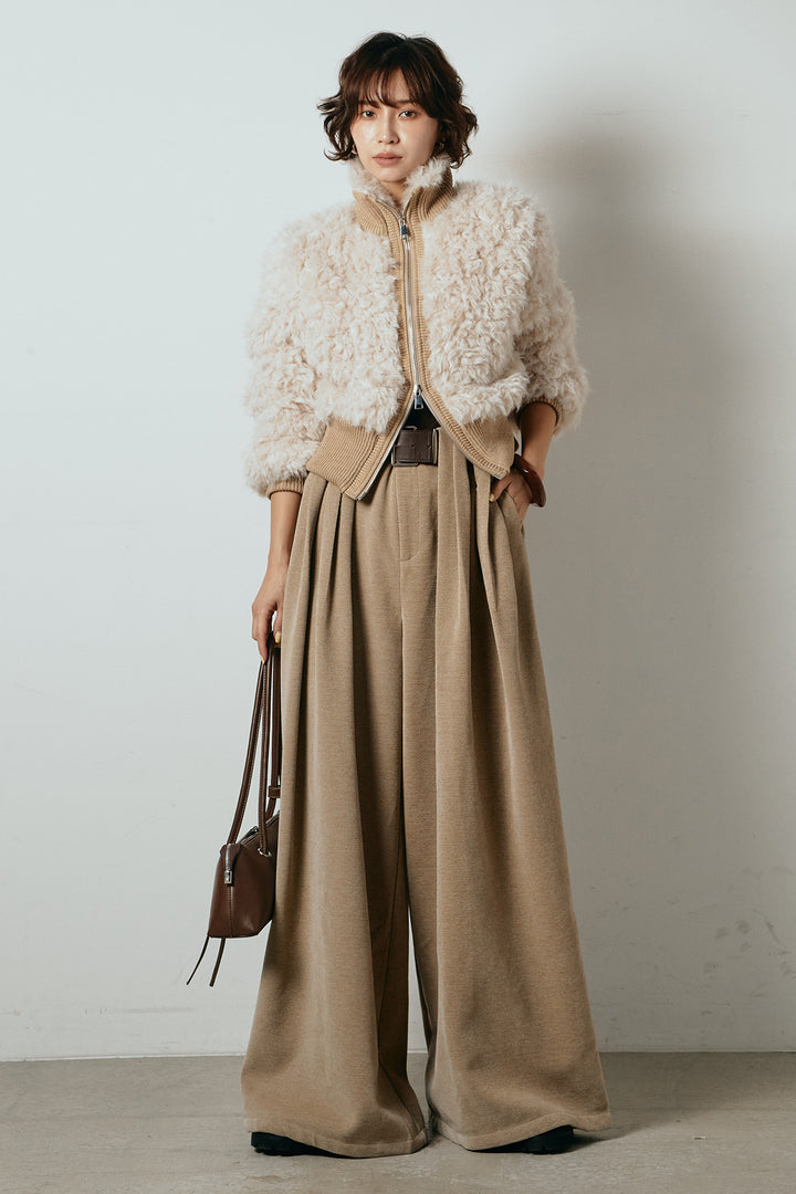 [SET]ハイネックショート丈ボアジップブルゾン+ベルトループコーデュロイワイドパンツ(2set)