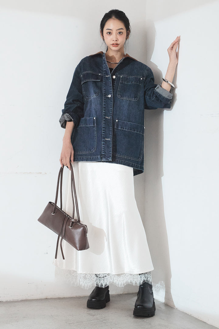 [SET]襟コーデュロイデニムカバーオール+裾レースデザインサテンスカート(2set)