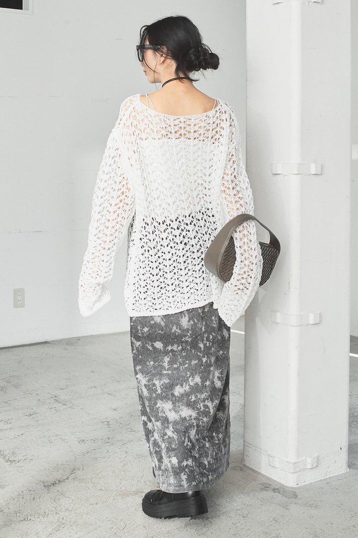 [SET]リラックスメッシュニットトップス+タイダイ柄ベロアワイドスカート(2set)