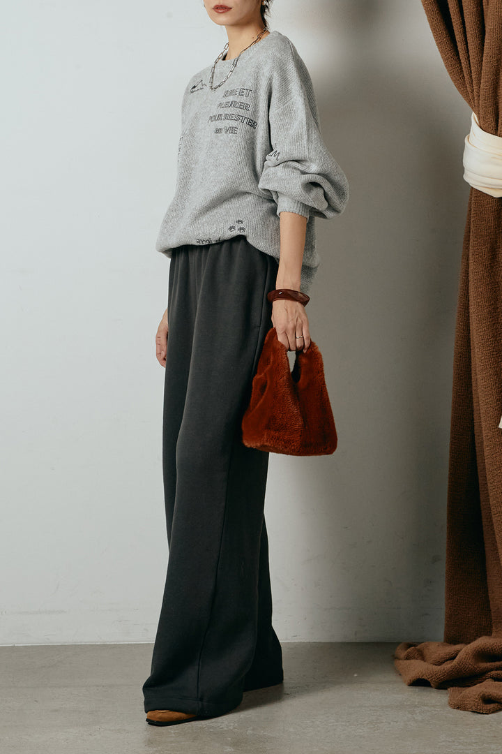 [SET]刺繍ロゴランダムデザインニットトップス+裏起毛スウェットワイドパンツ(2set)