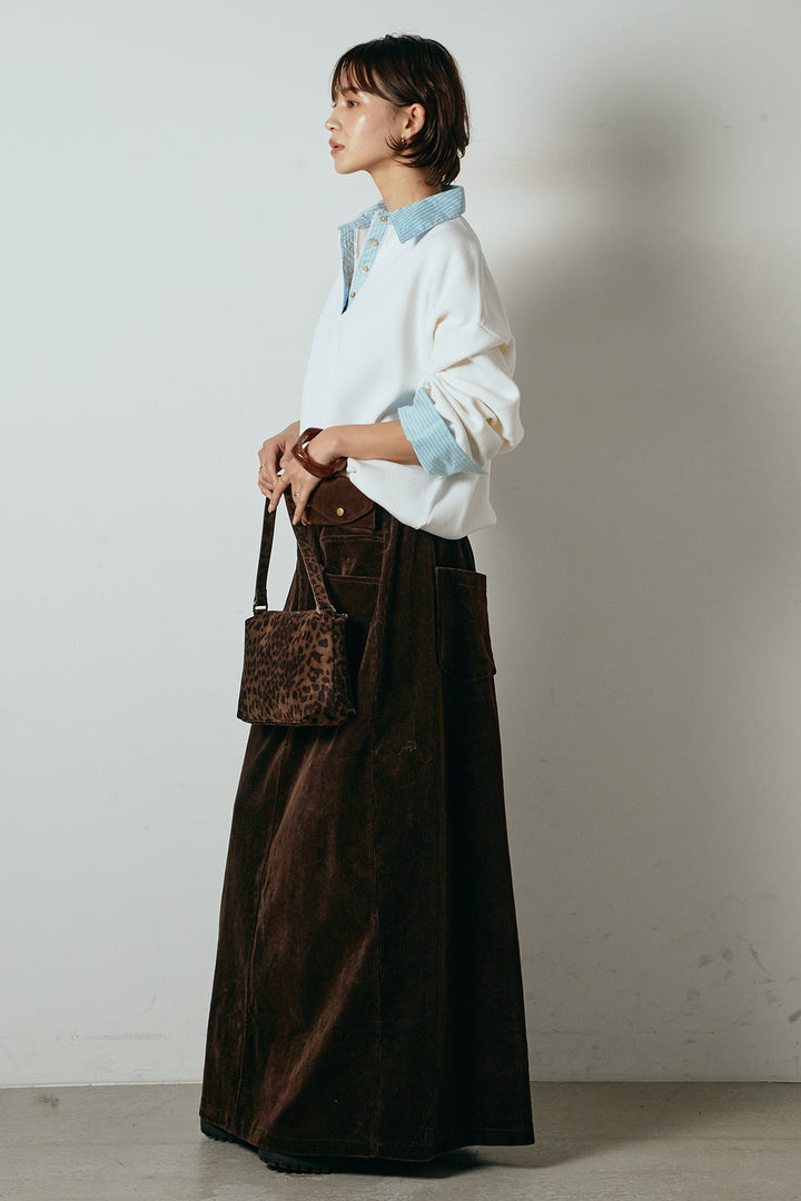 [SET]ストライプシャツドッキングポロトップス+ポーチベルト付きコーデュロイワイドスカート(2set)